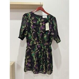 NWT ba&sh Womens S Black Floral Metallic Keyhole Anjy Printed Knotted Mini Dress